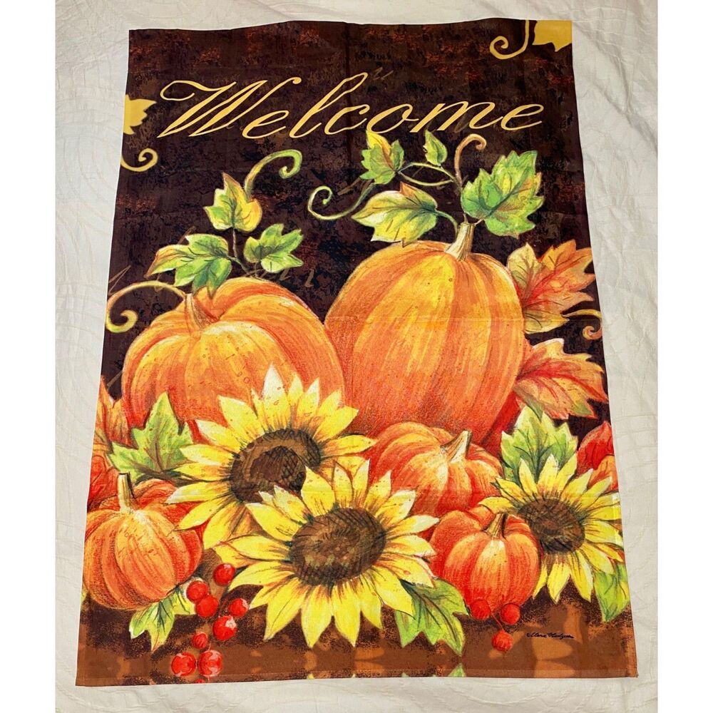 Seasonal Welcome Flag Autumn Halloween Thanksgiving Pumpkins Flowers 28x39"